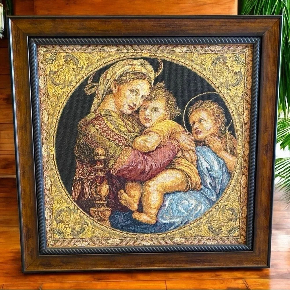 VINTAGE Italian Framed Tapestry – Madonna and Child – 15 1/4” x 14 3/4”